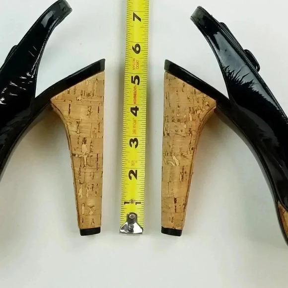 Stuart Weitzman 10M Exsling Peep Toe Slingback Cork Platform Heels Black Patent - Picture 4 of 12